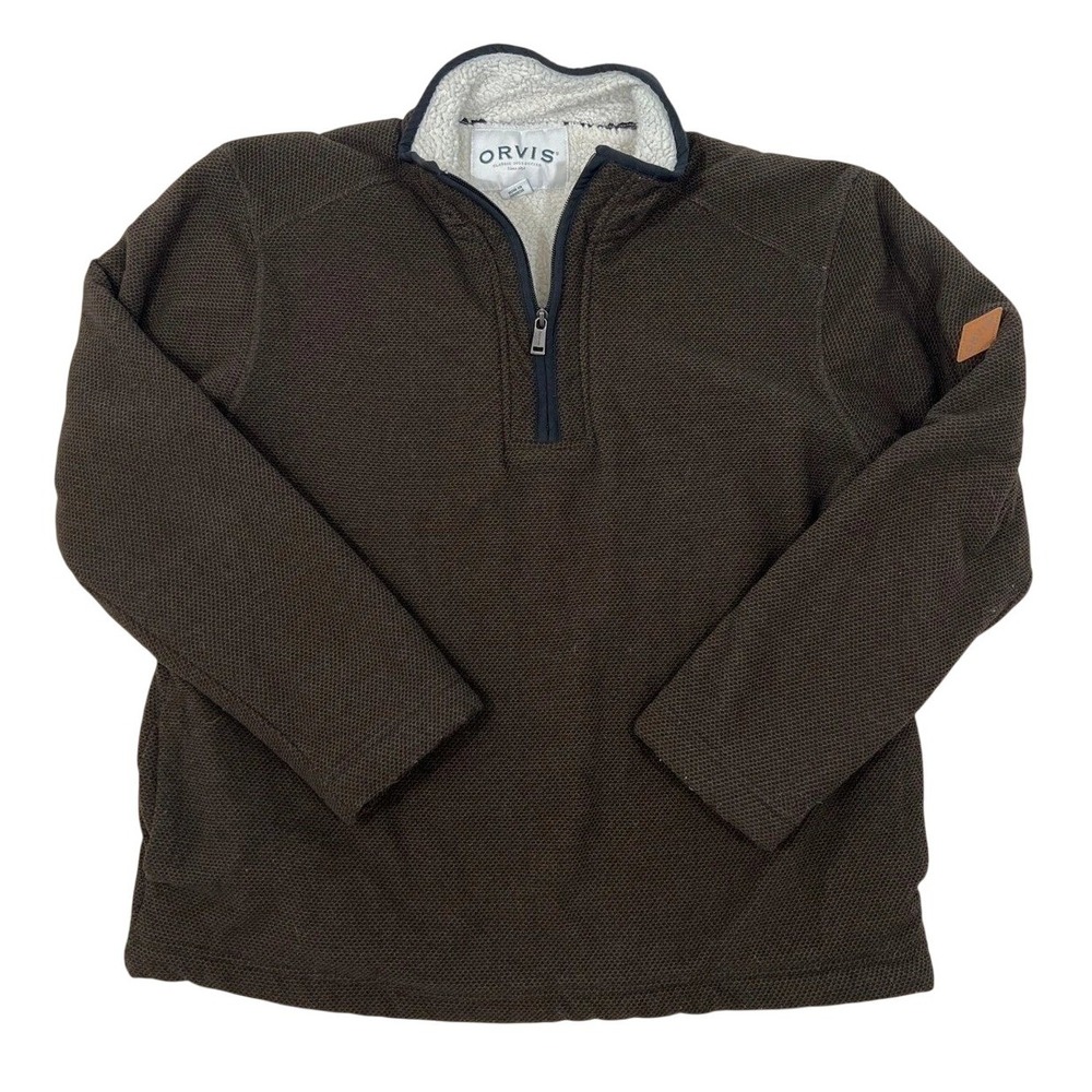 Orvis Mens Brown Honeycomb Textured Sherpa Lined Quarter Zip Pullover Sweater M